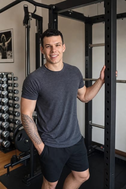 Tim Haaf, Sportwissenschaftler und Personal Trainer Tim Haaf, Personal Trainer aus Friedrichsdorf, im Wohnzimmer eines Kunden